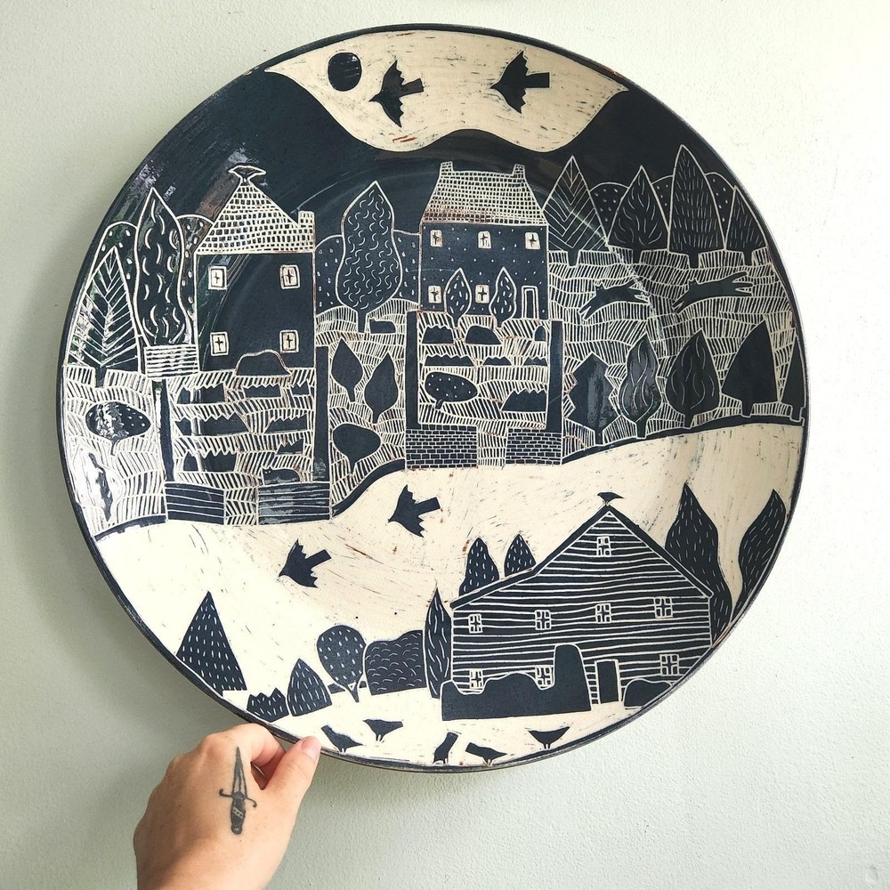 Vintage Large Blue Sgraffito Ceramic Plate Houses Birds Cats 18" Wall Art Cohen